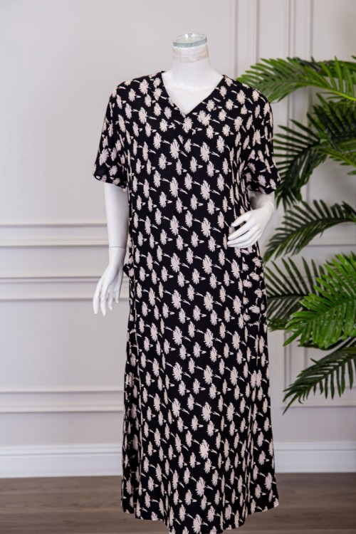 قميص نسائي طويل متعدد الألوان مشجر بياقة دائرية بأزرار من الأمام ذو أكمام قصيرة