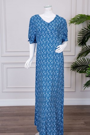 قميص نسائي طويل لون أزرق مشجر ياقة دائرية بأزرار من الأمام ذو أكمام قصيرة