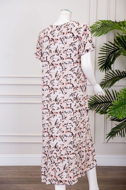 قميص نسائي ميدي لون بيج مشجر بياقة مطوية ذو أكمام قصيرة