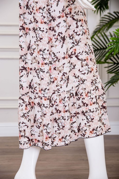 قميص نسائي ميدي لون بيج مشجر بياقة مطوية ذو أكمام قصيرة