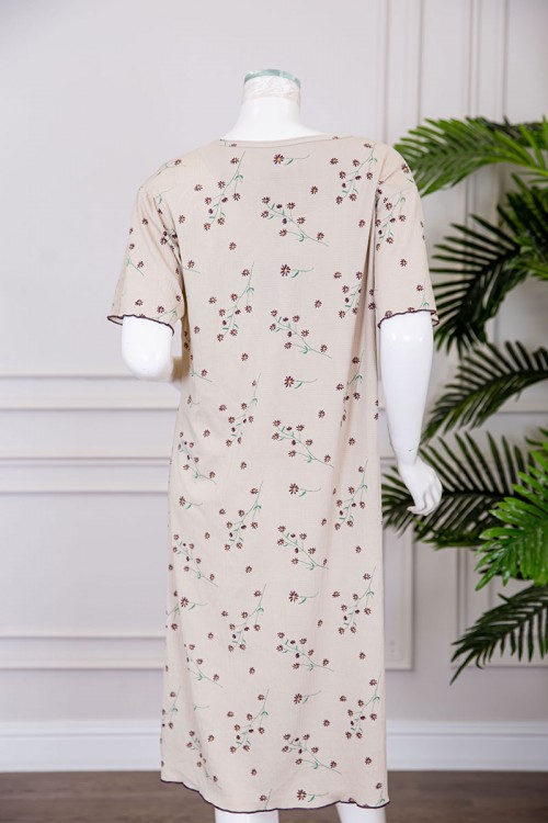 قميص نسائي ميدي لون بيج مشجر ياقة دائرية مزينة بفيونكة و بأكمام قصيرة