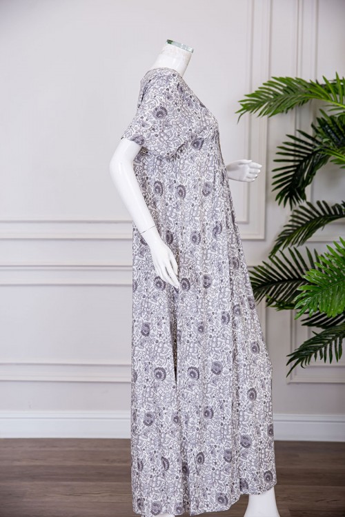 قميص نسائي طويل مشجر ياقة دائرية بكلفة و بأكمام قصيرة