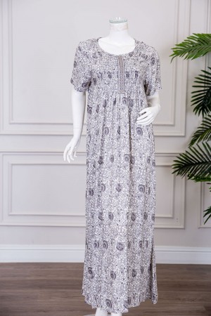 قميص نسائي طويل مشجر ياقة دائرية بكلفة و بأكمام قصيرة