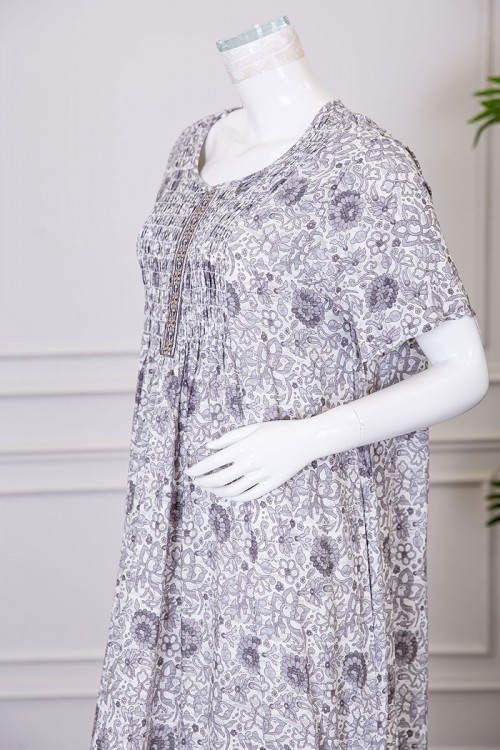 قميص نسائي طويل مشجر ياقة دائرية بكلفة و بأكمام قصيرة