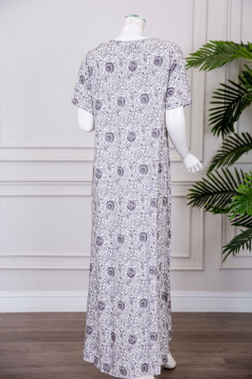 قميص نسائي طويل مشجر ياقة دائرية بكلفة و بأكمام قصيرة