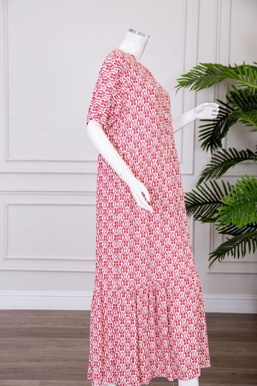 قميص نسائي طويل مشجر ياقة دائرية بأزرار من الأمام و بأكمام قصيرة