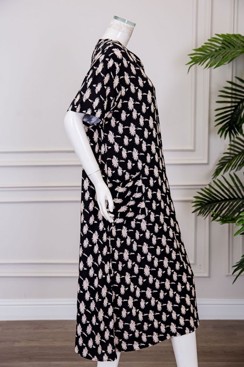 قميص نسائي ميدي لون أسود مشجر ياقة قصة سبعة و بأكمام قصيرة