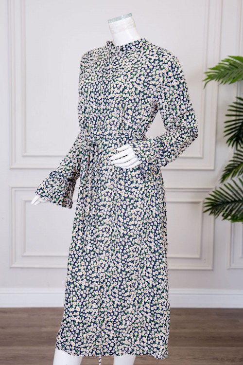 فستان نسائي مشجر ميدي ياقة عالية بأزرار و برباط في الخصر ذو أكمام طويلة