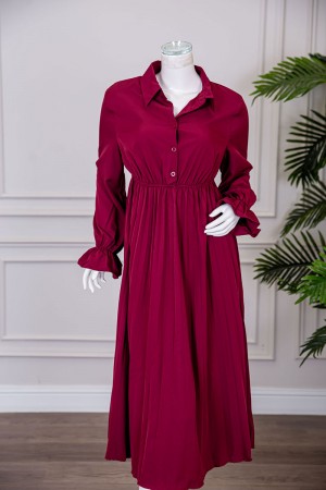 فستان نسائي ميدي لون عودي ياقة مطوية بأزرار من الأمام و بزم في الخصر و الأكمام 