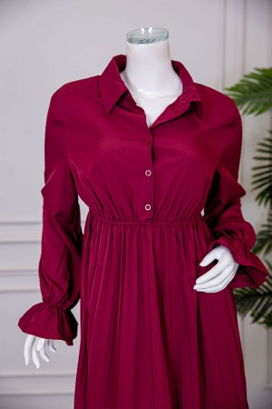 فستان نسائي ميدي لون عودي ياقة مطوية بأزرار من الأمام و بزم في الخصر و الأكمام 