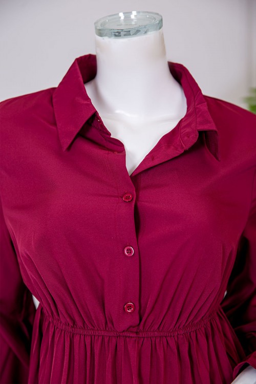 فستان نسائي ميدي لون عودي ياقة مطوية بأزرار من الأمام و بزم في الخصر و الأكمام