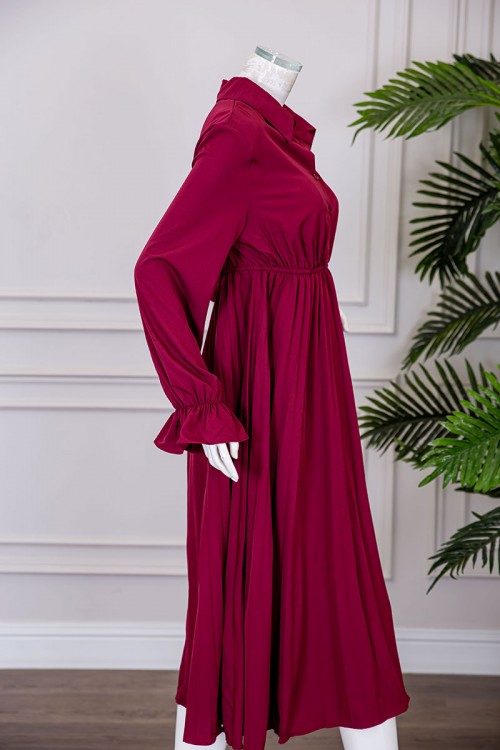 فستان نسائي ميدي لون عودي ياقة مطوية بأزرار من الأمام و بزم في الخصر و الأكمام