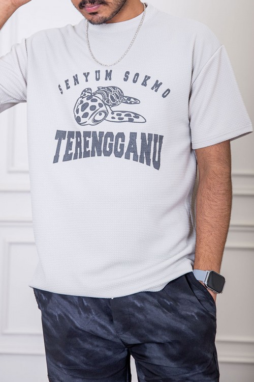 تيشيرت رجالي لون رمادي فاتح بياقة دائرية مزين بكتابات و رسومات من الأمام