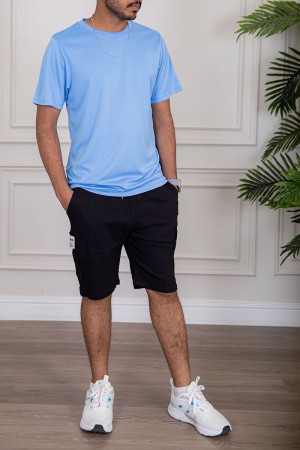 تيشيرت رجالي لون سماوي بياقة دائرية سادة