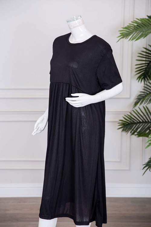 قميص نسائي قصير لون أسود قصة كلوش ياقة دائرية و بأكمام قصيرة