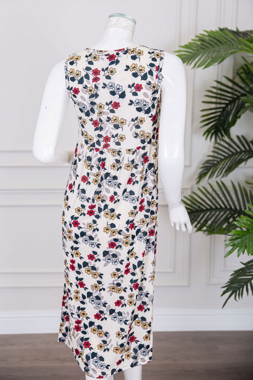 قميص نسائي قصير لون بيج مزين بالورود الملونة ياقة دائرية و بدون أكمام