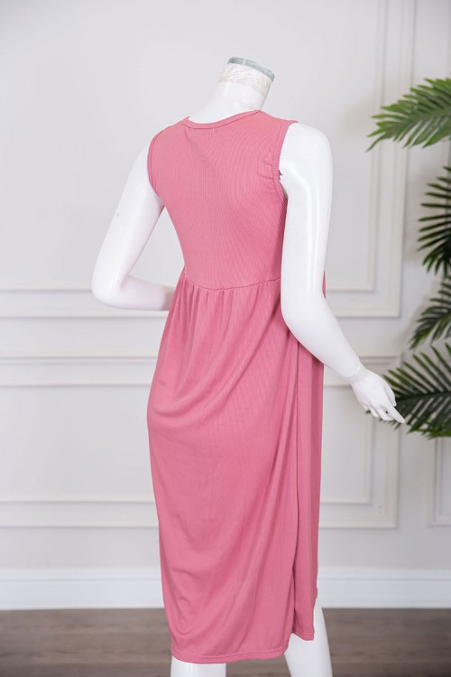 قميص نسائي قصير لون وردي بياقة دائرية و بدون أكمام