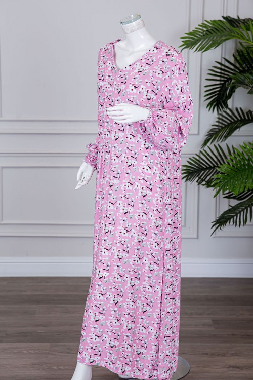 قميص نسائي لون وردي مشجر بياقة قصة سبعة و بأكمام طويلة بزم