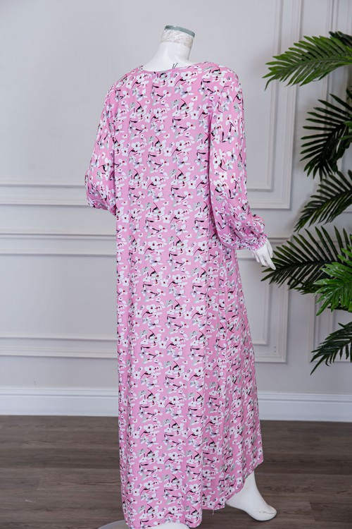 قميص نسائي لون وردي مشجر بياقة قصة سبعة و بأكمام طويلة بزم