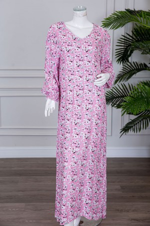 قميص نسائي لون وردي مشجر بياقة قصة سبعة و بأكمام طويلة بزم 