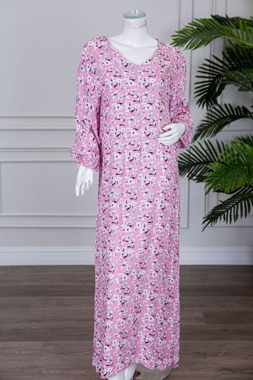 قميص نسائي لون وردي مشجر بياقة قصة سبعة و بأكمام طويلة بزم