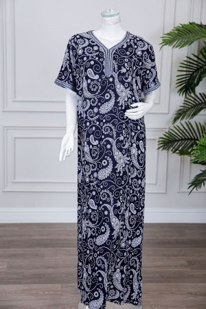 قميص نسائي طويل لون كحلي مزين برسومات و بكلفة مطرزة في الياقة و الأكمام