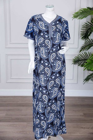 قميص نسائي طويل لون كحلي مزين برسومات و بكلفة مطرزة في الياقة و الأكمام