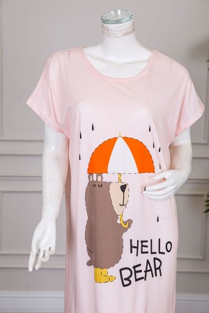 قميص نسائي طويل لون خربزي مزين برسومات بياقة دائرية و أكمام قصيرة