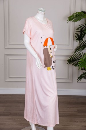 قميص نسائي طويل لون خربزي مزين برسومات بياقة دائرية و أكمام قصيرة
