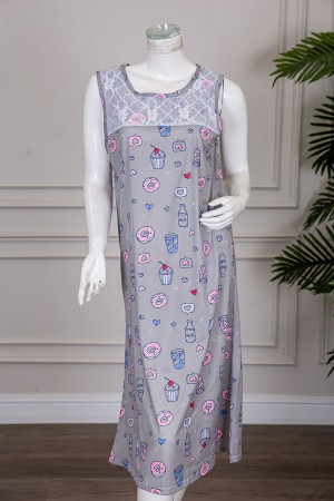 قميص نسائي قصير لون رمادي مزين برسومات ياقة دائرية مزينة بقماش دانتيل بدون أكمام