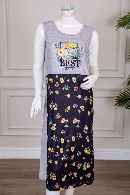 قميص نسائي قصير لون رمادي و أسود مزين بكتابات و رسومات ياقة دائرية بدون أكمام