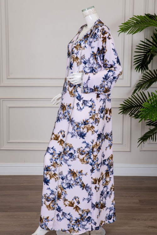 جلابية نسائية مشجرة ياقة بقصة سبعة مزينة بكريستال ذو أكمام طويلة