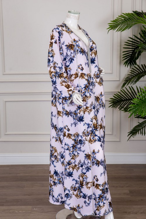 جلابية نسائية مشجرة ياقة بقصة سبعة مزينة بكريستال ذو أكمام طويلة