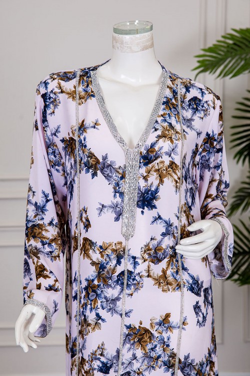 جلابية نسائية مشجرة ياقة بقصة سبعة مزينة بكريستال ذو أكمام طويلة