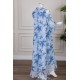 جلابية نسائية لون سماوي مشجرة ياقة قصة سبعة مطوية مزينة بكريستال و بأكمام طويلة