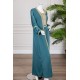 جلابية نسائية قطعتين لون تركواز ياقة دائرية مع حزام مزينة بتطريز من الأمام و الأكمام