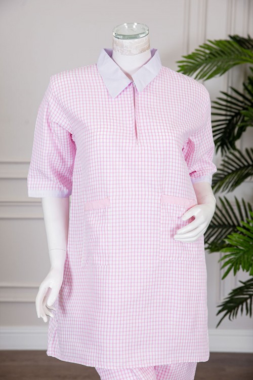 زي عاملة قطعتين متعدد الألوان بلوزة طويلة ياقة مطوية بسحاب و جيوب من الأمام و أكمام ميدي مع بنطلون طويل