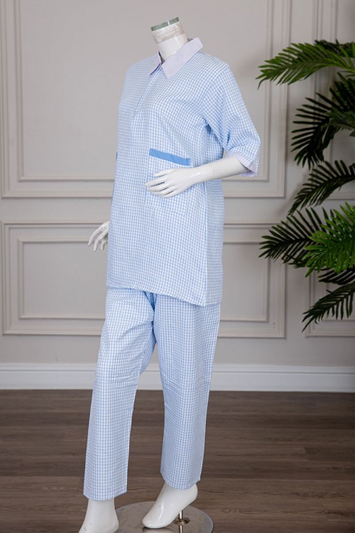 زي عاملة قطعتين متعدد الألوان بلوزة طويلة ياقة مطوية بسحاب و جيوب من الأمام و أكمام ميدي مع بنطلون طويل