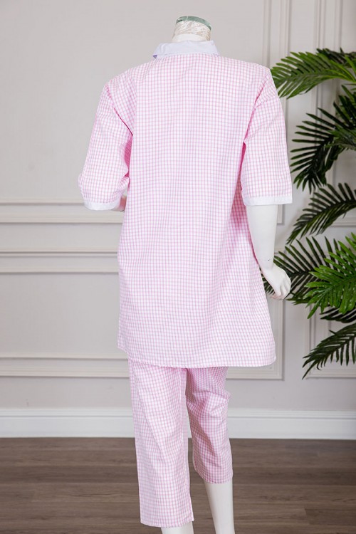 زي عاملة قطعتين متعدد الألوان بلوزة طويلة ياقة مطوية بسحاب و جيوب من الأمام و أكمام ميدي مع بنطلون طويل