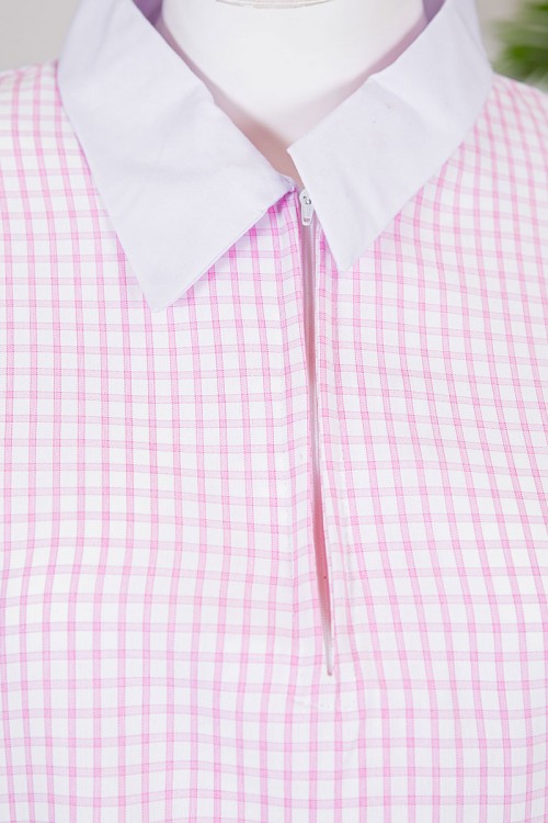 زي عاملة قطعتين متعدد الألوان بلوزة طويلة ياقة مطوية بسحاب و جيوب من الأمام و أكمام ميدي مع بنطلون طويل