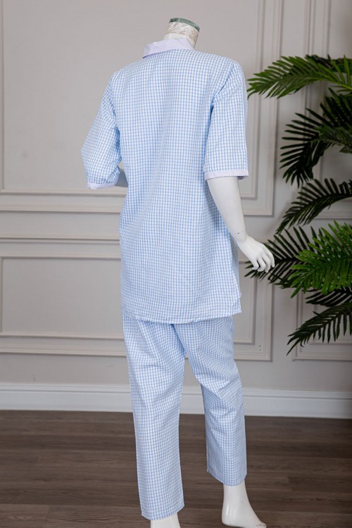 زي عاملة قطعتين متعدد الألوان بلوزة طويلة ياقة مطوية بسحاب و جيوب من الأمام و أكمام ميدي مع بنطلون طويل