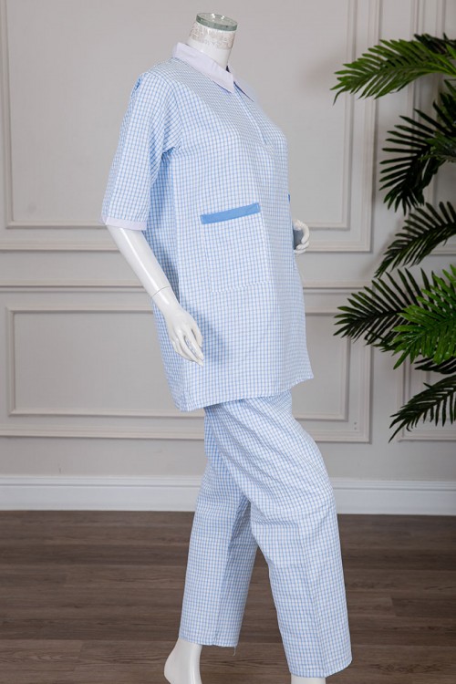 زي عاملة قطعتين متعدد الألوان بلوزة طويلة ياقة مطوية بسحاب و جيوب من الأمام و أكمام ميدي مع بنطلون طويل