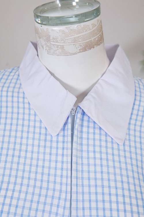 زي عاملة قطعتين متعدد الألوان بلوزة طويلة ياقة مطوية بسحاب و جيوب من الأمام و أكمام ميدي مع بنطلون طويل