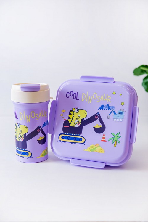 حافظة طعام مدرسية متعددة الألوان مقسمة مع ملعقة و مزينة برسومات كرتونية مع زمزمية مشروب بارد