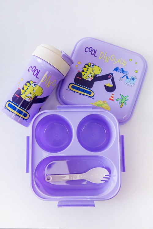حافظة طعام مدرسية متعددة الألوان مقسمة مع ملعقة و مزينة برسومات كرتونية مع زمزمية مشروب بارد