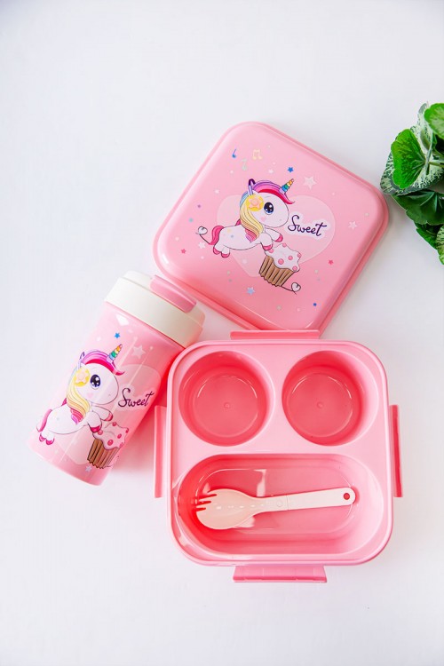 حافظة طعام مدرسية متعددة الألوان مقسمة مع ملعقة و مزينة برسومات كرتونية مع زمزمية مشروب بارد