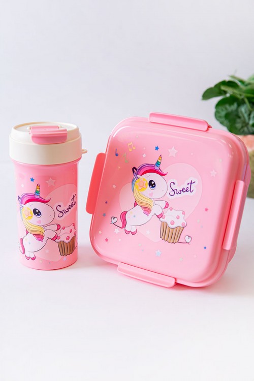 حافظة طعام مدرسية متعددة الألوان مقسمة مع ملعقة و مزينة برسومات كرتونية مع زمزمية مشروب بارد