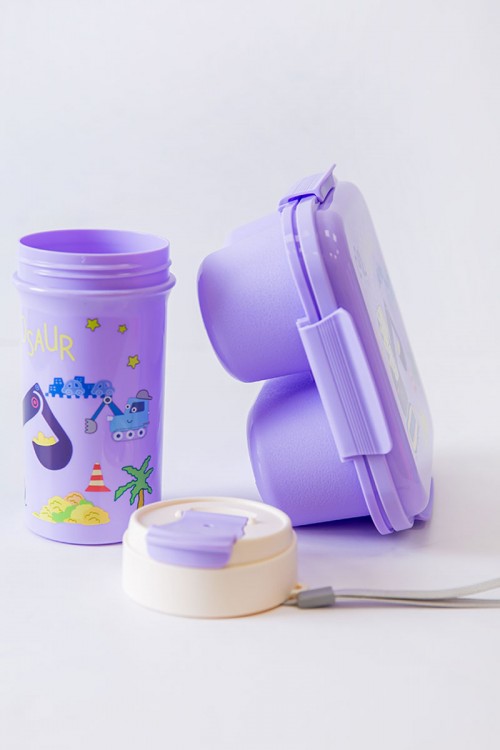 حافظة طعام مدرسية متعددة الألوان مقسمة مع ملعقة و مزينة برسومات كرتونية مع زمزمية مشروب بارد