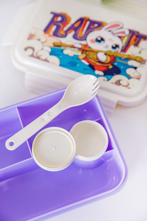 حافظة طعام مدرسية متعددة الألوان مقسمة مع ملعقة و مزينة برسومات كرتونية مع زمزمية مشروب بارد