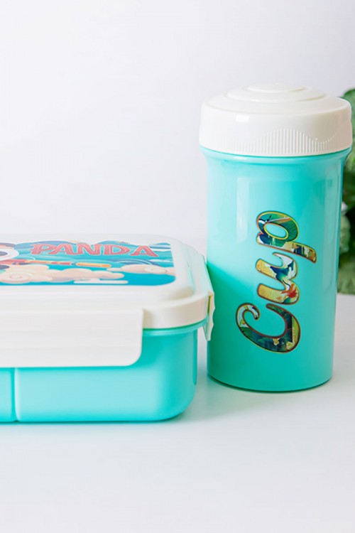 حافظة طعام مدرسية متعددة الألوان مقسمة مع ملعقة و مزينة برسومات كرتونية مع زمزمية مشروب بارد